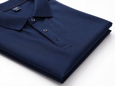 Crisp close-up of folded navy corporate polo shirt with high-quality embroidery