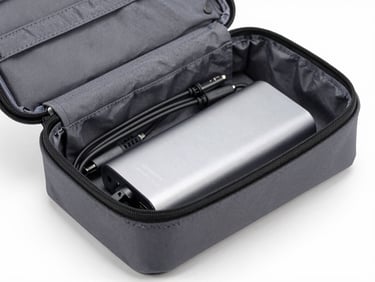 Open charcoal gray tech organizer pouch showing neatly arranged cables and power bank inside, crisp focus, studio lighting