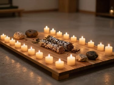 Wide shot of a sparse ritual space with candles arranged on a low wooden surface, sage bundle and small stone objects, warm intimate candlelight, no people, quiet atmosphere before a gathering