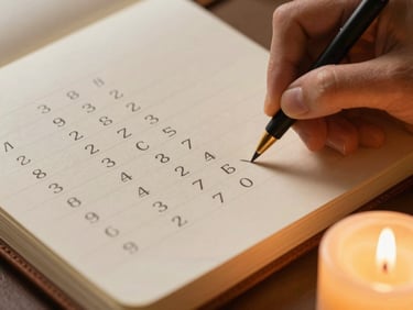 Close-up of a hand writing numerology calculations in a leather-bound notebook, candlelight from the lower right, warm amber tones on aged cream paper
