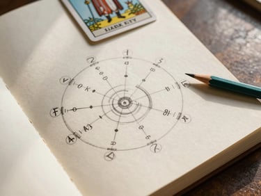 Overhead study of an open notebook on aged cream paper, a hand-drawn numerology chart with precise lines and annotated numbers, a pencil resting at the edge, soft north-facing daylight falling across the page, a tarot card placed partially visible at the upper corner