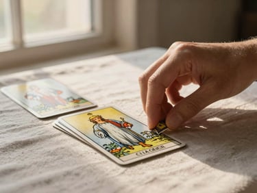 Hands carefully placing tarot cards face-up on a simple linen cloth, soft golden hour window light from the left, focus on the card edges and fingertips, no faces visible