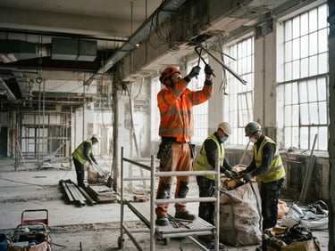 Industrial site interior during a clean soft strip demolition, workers in high-visibility PPE carefully dismantling fixtures, sharp focus, natural light