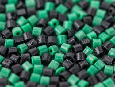 Macro close-up of pure recycled green and black plastic granules, clean studio lighting, sharp focus