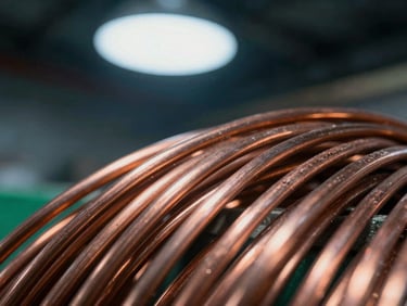Macro close-up of pure recovered copper wire scrap, cool industrial overhead lighting, sharp focus