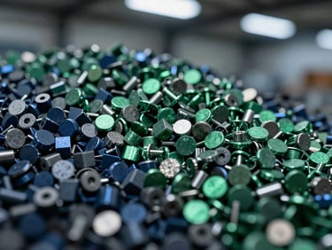 Macro close-up of mixed non-ferrous metal concentrates, cool overhead lighting, sharp focus