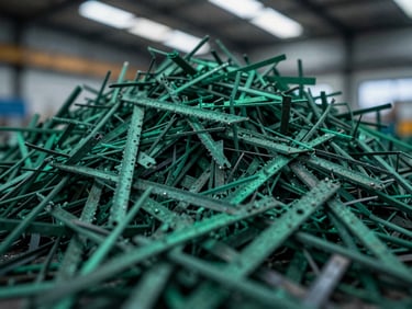 Macro close-up of shredded industrial iron scrap, cool warehouse lighting, sharp focus