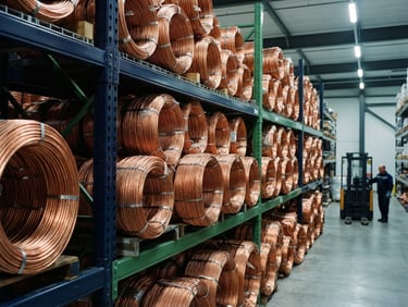 Industrial editorial photography of sorted pure copper scrap coils inside a clean, modern recycling warehouse, cool overhead lighting, sharp focus, 35mm