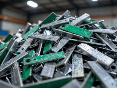 Macro close-up of sorted clean aluminium scrap, cool overhead warehouse lighting, sharp focus