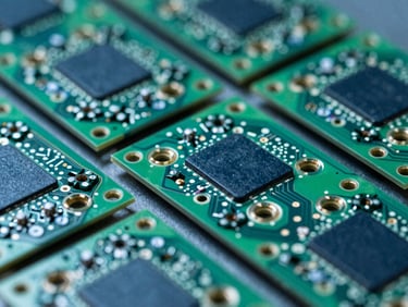 Macro close-up of sorted printed circuit boards prepared for refining, cool industrial lighting, sharp focus