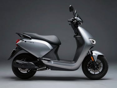 Crisp industrial photography of an agile urban moped, sleek minimalist chassis, metallic silver accents, cool high-contrast studio lighting, 50mm lens
