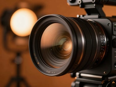 Cinematic close-up of a professional cinema camera lens reflecting soft orange studio lights, shallow depth of field, high-end production set background