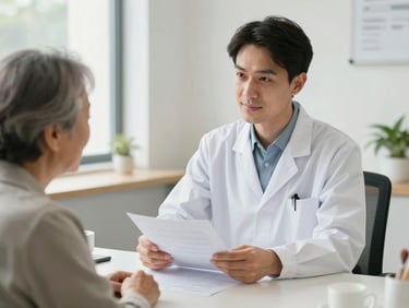 Bright, clean clinical reception area, a professional in a white coat warmly explaining a document to an elderly patient, natural daylight, medium close-up.