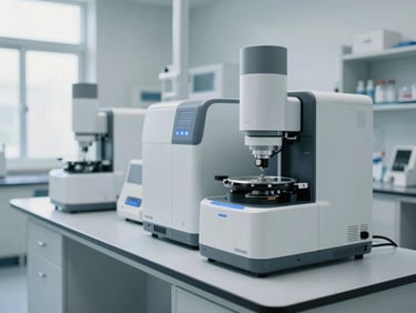 Wide shot of a pristine clinical laboratory, modern automated hematology analyzers with soft blue indicator lights, clean white countertops, bright daylight.