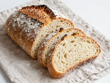Freshly sliced sourdough bread on a linen cloth, flour dusted on top, warm natural light