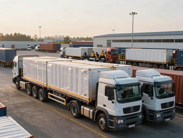 Wide shot of a bustling logistics yard at sunrise, flatbed trucks carrying industrial cargo, cargo securing activity in the background, sharp natural daylight.