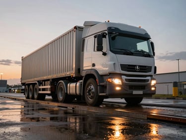 Low-angle wide shot of a heavy-duty multi-axle commercial truck positioned on a steel weighbridge scale at dusk, amber yard lights reflecting on the wet asphalt, high-contrast industrial atmosphere.
