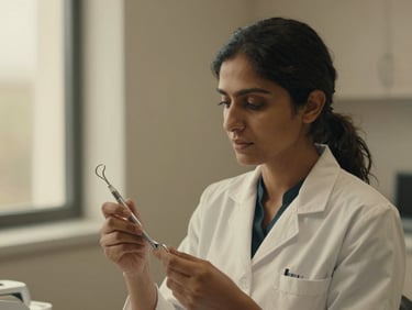 Warm, editorial portrait of Dr. Anya Sharma, a female dentist, in a softly lit, minimalist clinic interior. She is looking thoughtfully at a premium dental instrument in her hands, shallow depth of field, 35mm, deep charcoal and muted gold tones.