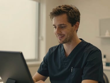 Warm, editorial portrait of Dr. Julian Vance, a male dentist, in a softly lit, minimalist clinic interior. He is looking at a digital screen with a subtle smile, wearing non-clinical attire, shallow depth of field, 35mm, deep charcoal and muted gold tones.