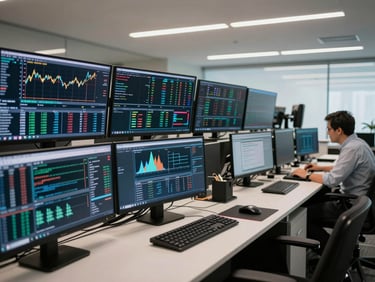 Wide environmental shot of a modern corporate treasury office in São Paulo, sharp cool lighting, high-density financial dashboards visible on multiple desktop monitors, focused analyst in the background.