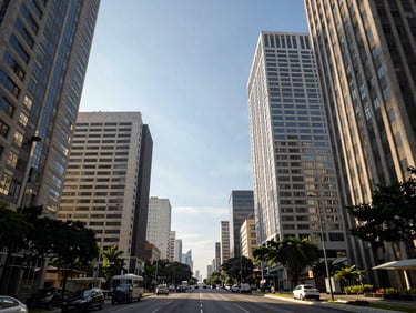 Fotografia ampla da Avenida Faria Lima em São Paulo, com foco nas linhas arquitetônicas dos edifícios corporativos sob luz natural da manhã.
