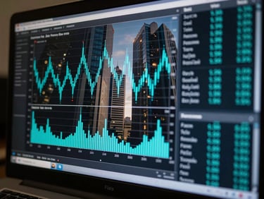 Crisp macro shot of a financial forecasting terminal, high-density cyan charts, dark background screen, cool architectural reflection of São Paulo business district.