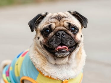A happy pug wearing a colorful cotton shirt, looking directly at the camera, cheerful warm tones, eye-level, 35mm lens