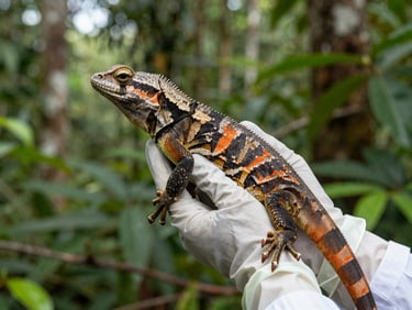 Close-up of a native Colombian reptile safely held by a biologist wearing protective gloves, soft overcast jungle light, scientific documentary style.