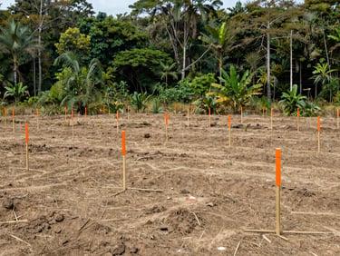 Wide panoramic view of a dry forest restoration zone in La Guajira, measuring stakes visible in the ground, bright daylight, documentary style.