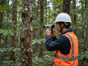An environmental engineer in a hard hat and safety vest using a laser rangefinder to measure tree heights in a dense woodland.