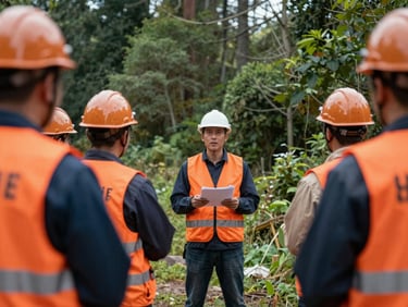 A safety officer in a high-visibility orange vest conducting a morning safety briefing with a field crew, rugged outdoor setting.