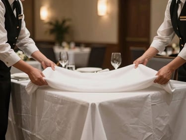 Wide shot of a corporate banquet table being dressed by two staff members in service attire, warm ambient hall light, crisp white linen, no faces visible, action of smoothing cloth captured mid-motion