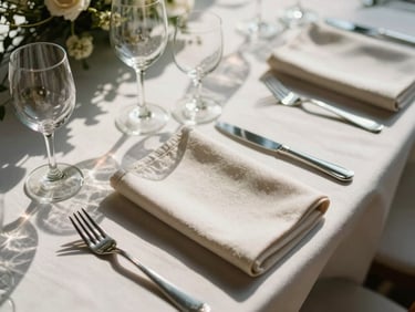 Overhead close study of a wedding reception table mid-setup, linen napkins folded, stemware catching afternoon window light, a single floral stem at the left edge, no guests present
