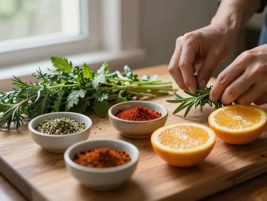 Close-up of raw ingredients arranged on a wooden prep surface—herbs, sliced citrus, spice in small ceramic bowls—under soft natural window light, hands visible at the edge trimming a sprig