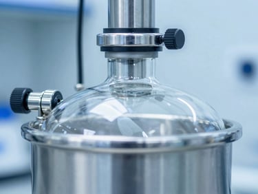 Macro shot of a stainless steel bioreactor in a clean-room laboratory environment, cool blue and silver tones, sterile high-key lighting, sharp focus, 8k resolution