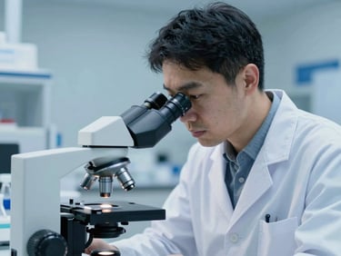 Portrait of a biochemist in a sterile lab coat, focused on a microscope, cool blue lighting, sharp focus, 8k resolution