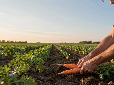 Wide environmental shot of a small farm field at golden hour, a pair of hands pulling carrots from dark soil, rows of green crops stretching into soft background, low horizon, generous sky