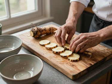 Close overhead shot of a chef's hands arranging root vegetables on a prep counter, natural daylight from a side window, ceramic bowls and a worn cutting board visible, no finished plating