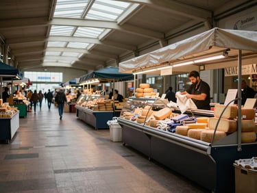 Wide shot of an indoor food market before opening, stalls being arranged, a vendor unwrapping cloth from a cheese display, natural skylight above, empty aisles, morning quiet