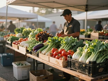 Wide shot of a farmer's market stall in golden morning light before opening, crates of seasonal vegetables arranged on a wooden table, no customers yet, quiet and preparatory
