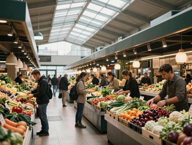 Environmental wide frame of a modern food market interior early morning, producers arranging displays, ambient natural light through large skylights, sense of quiet energy before the day starts
