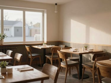 Wide environmental frame of a small restaurant dining room mid-setup before service, chairs being placed, warm north-facing window light, no people in foreground, Scandinavian-influenced minimal interior