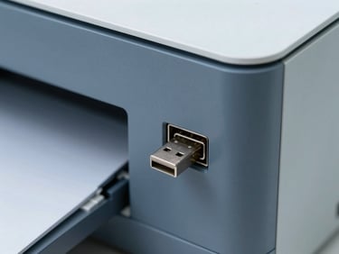 Macro close-up of a secure USB-B connection port on a modern slate gray printer, bright office fluorescent lighting, 35mm