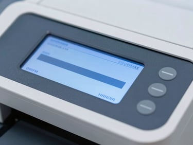 Close-up of a crisp printer control panel screen displaying a status progress bar, cool blue tones, sharp focus