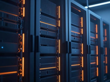 Abstract digital infrastructure visualization, high-compliance cloud servers, dark blue and vibrant orange lighting, 35mm