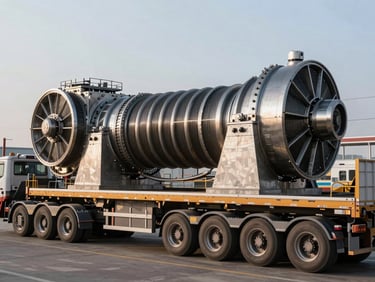 High-angle technical drawing overlaying a heavy transport photo of a massive industrial turbine on a multi-axle trailer, crisp early morning light, cold steel and asphalt textures.