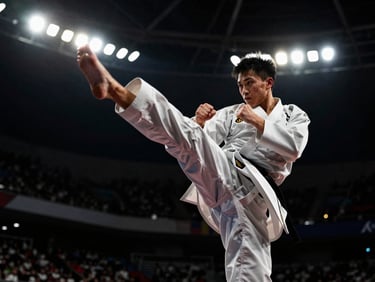 Dramatic action shot of a karate athlete executing a precise strike, high-contrast stadium floodlights, deep shadows.