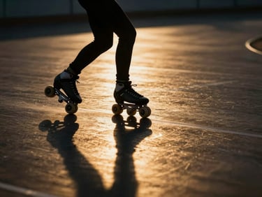 Dynamic close-up of a professional rollerskater racing on a sleek track, dramatic gold reflections, high contrast.