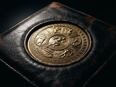 A heavy gold medallion with intricate athletic engravings embedded in a leather-bound portfolio, dramatic side lighting, luxury textures.