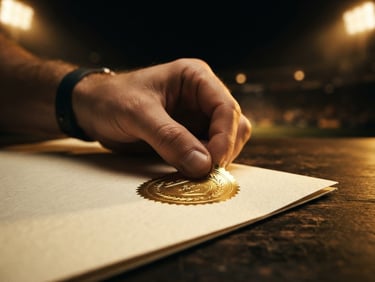 Close-up of a hand placing a gold foil seal onto a premium heavy paper document, warm golden stadium floodlights, dark background.
